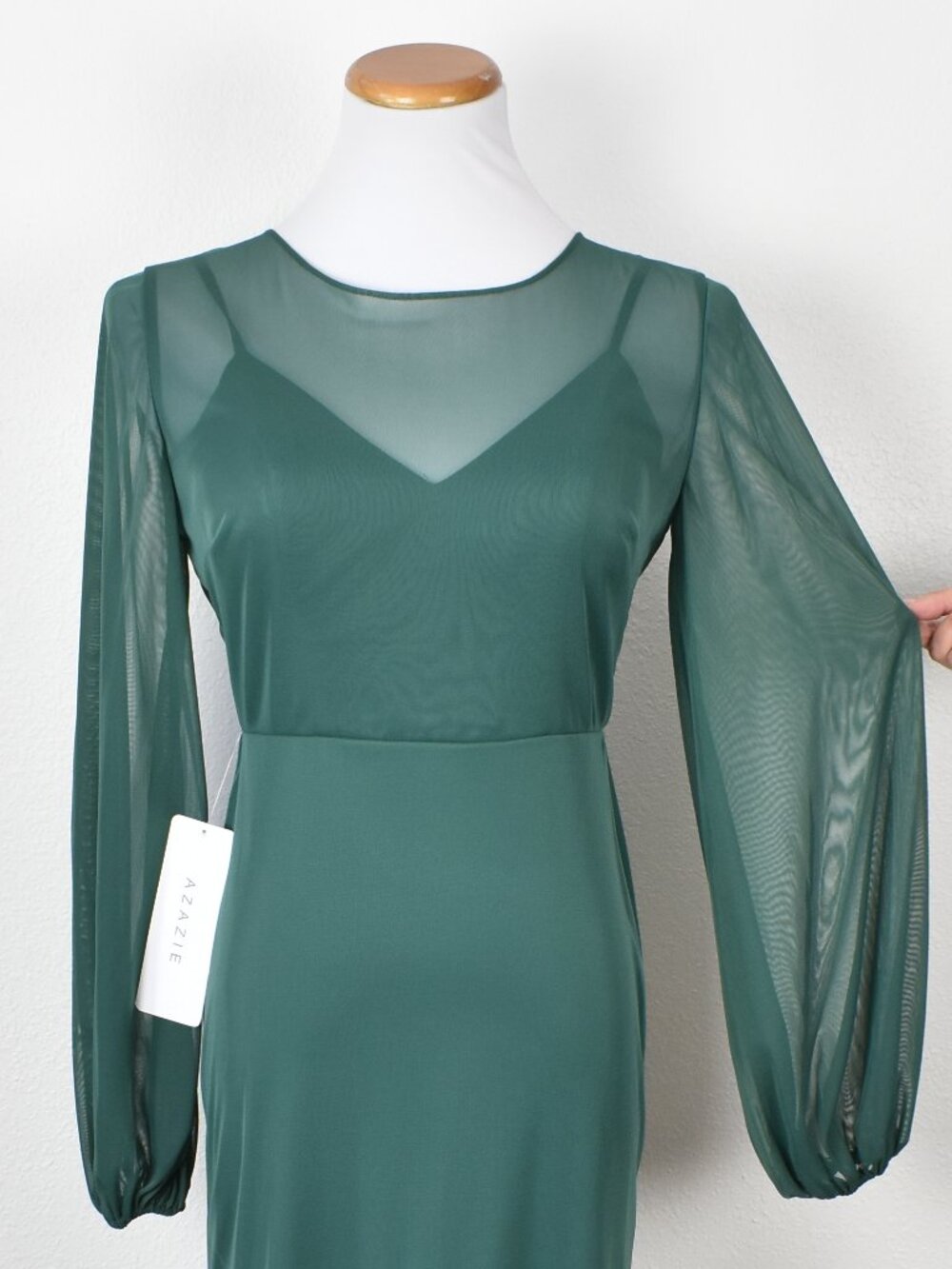Azazie DENALI Dark Green Long Sleeve Mesh Dress NEW - 6 - Picture 4 of 12